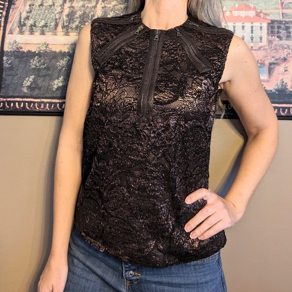 PROENZA SCHOULER bronze brown lace zipper top XS S